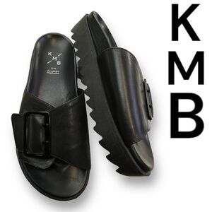 KMB Women's Leather Casual Comfort Slip On Chunky Slides Sandal Black Size 8